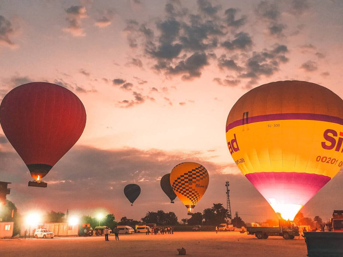 A wonderful photo of a hot air balloon ride in Luxor at sunset
