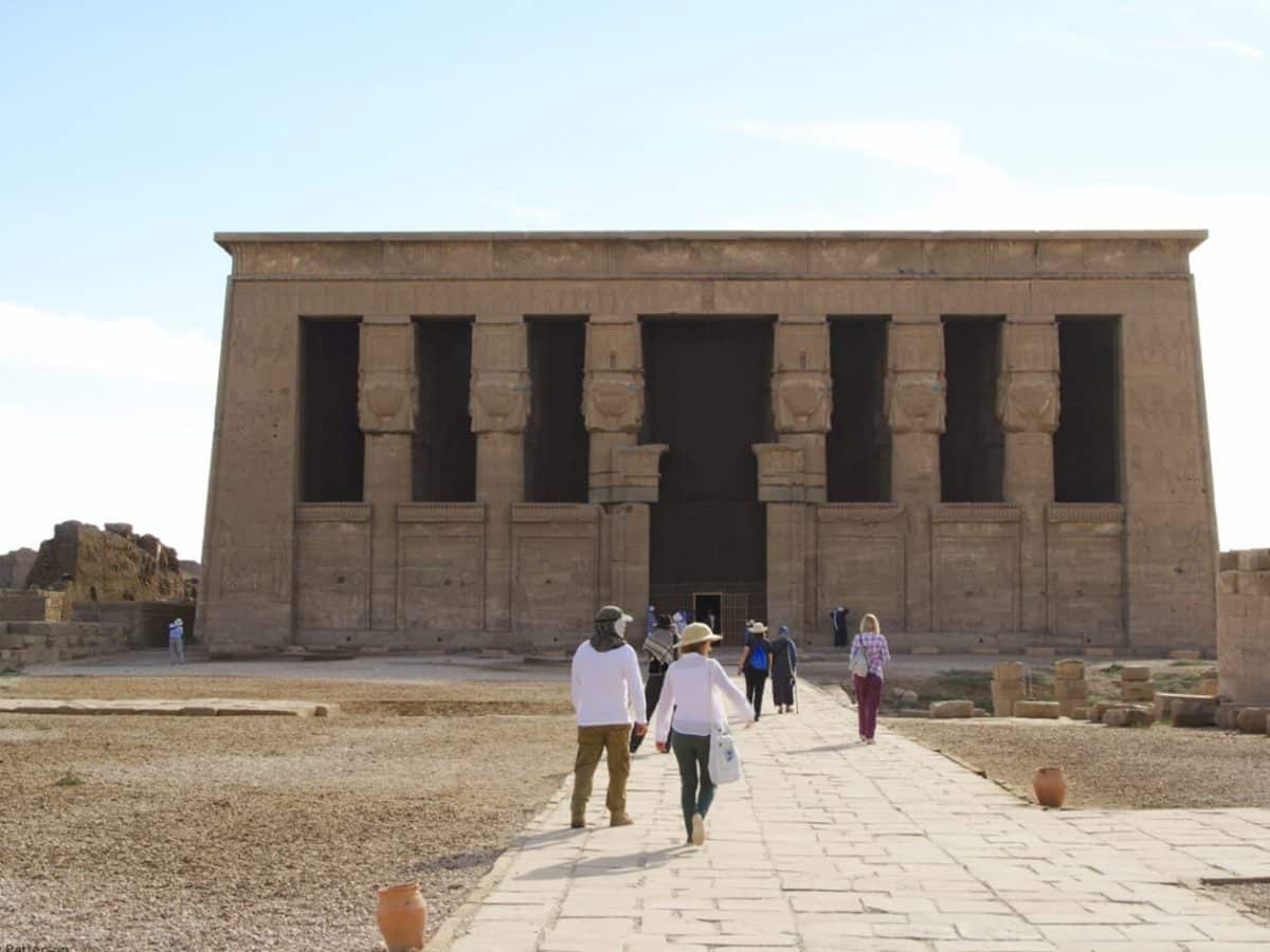 A great shot of some tourists in front of Dendera Temple