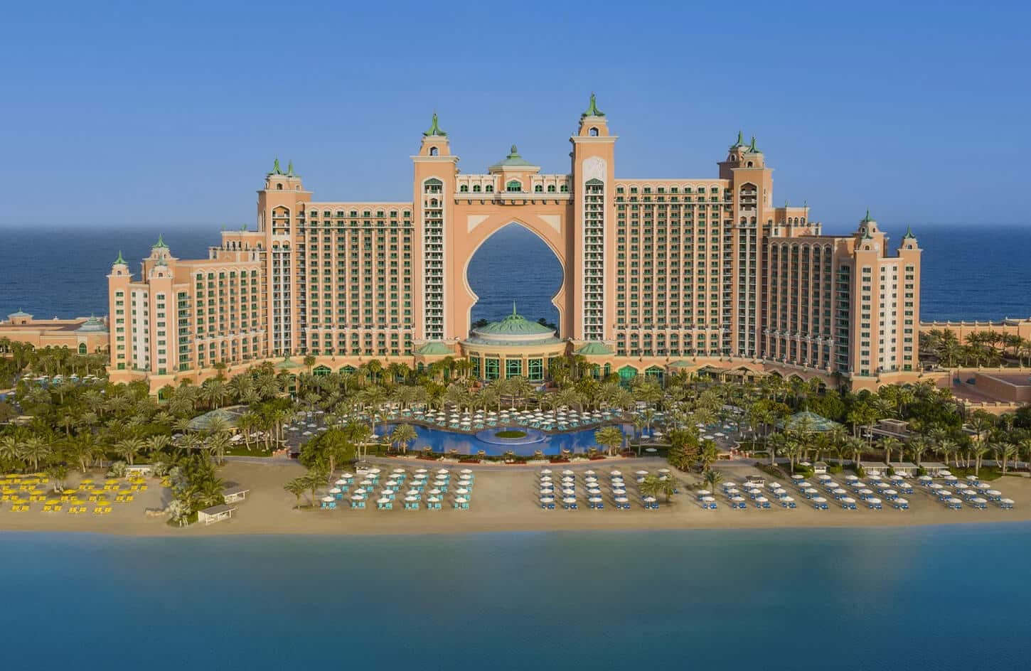 The iconic Atlantis, The Palm luxury resort on Palm Jumeirah, featuring its beach and pools