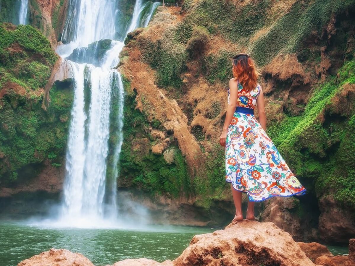 Great picture of a woman on an adventure trip to Ouzoud Falls