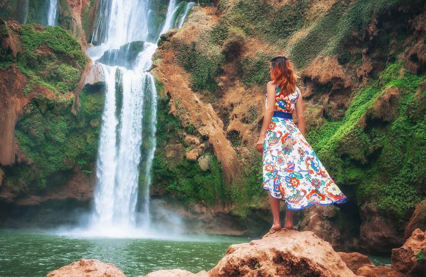 Great picture of a woman on an adventure trip to Ouzoud Falls