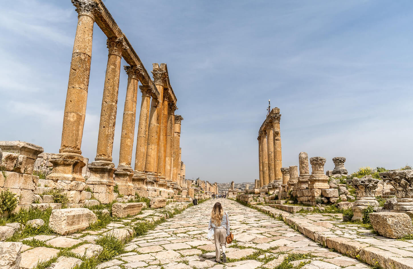 Ancient Roman columns of the Temple of Artemis, one of Jordan's Sacred Sites in Jerash.