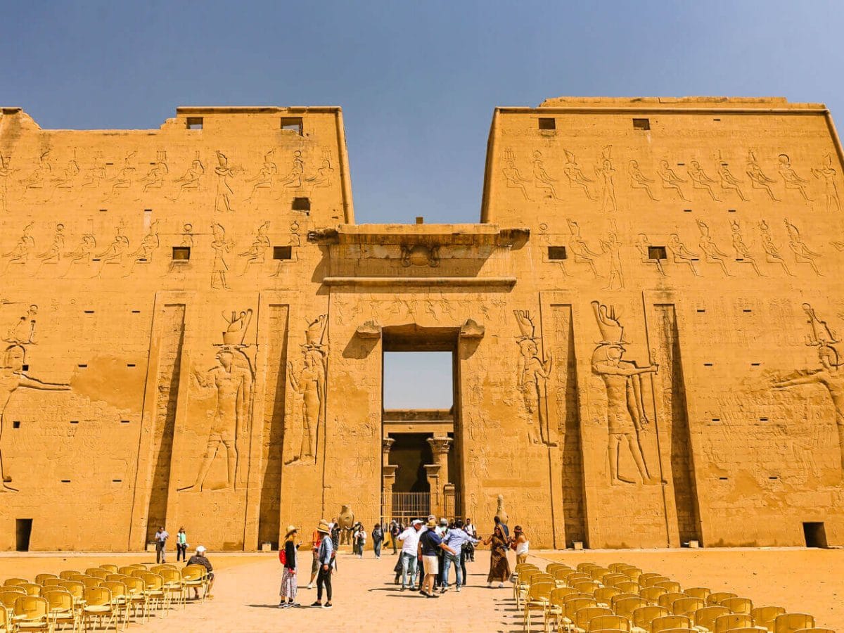 The facade of the Temple of Horus while preparing for the sound and light show