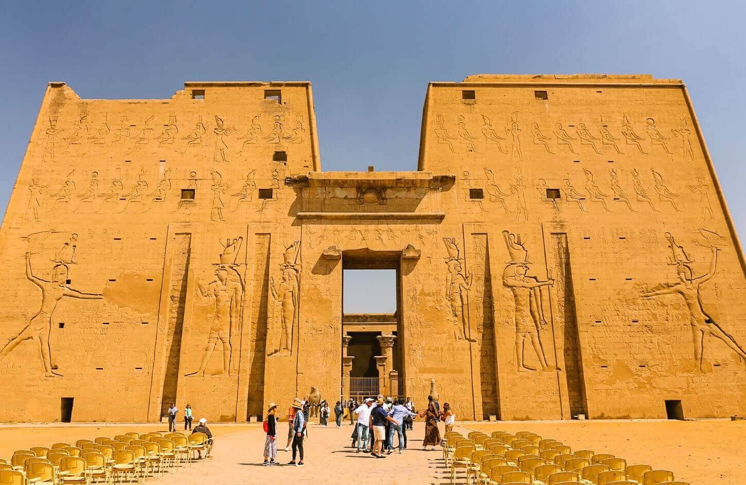 The facade of the Temple of Horus while preparing for the sound and light show