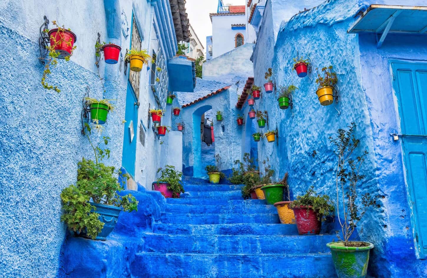 Wonderful picture in the blue city of Chefchaouen with four flower decorations