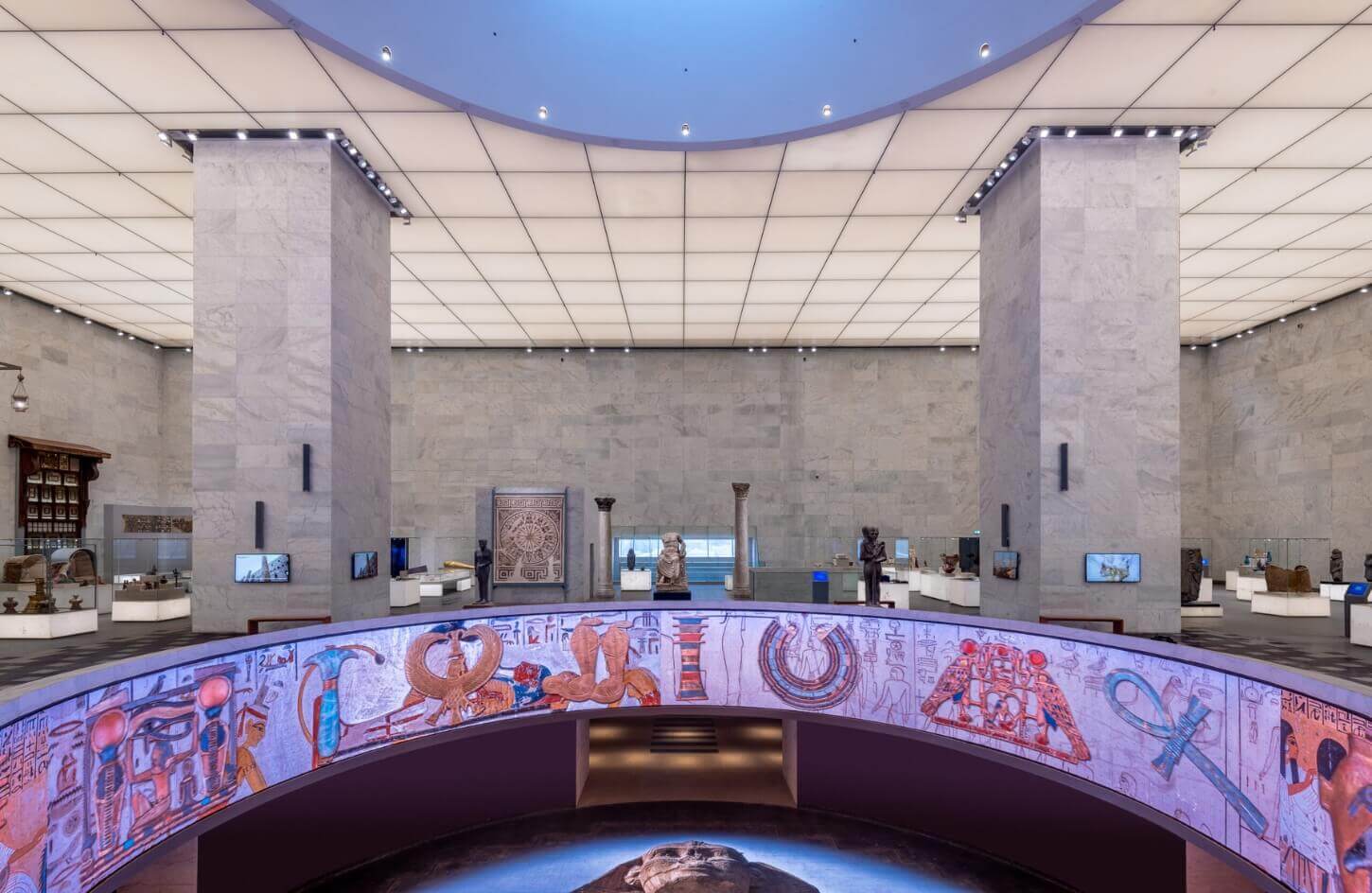 a picture of the main hall with the hologram at the egyptian museum of civilizations