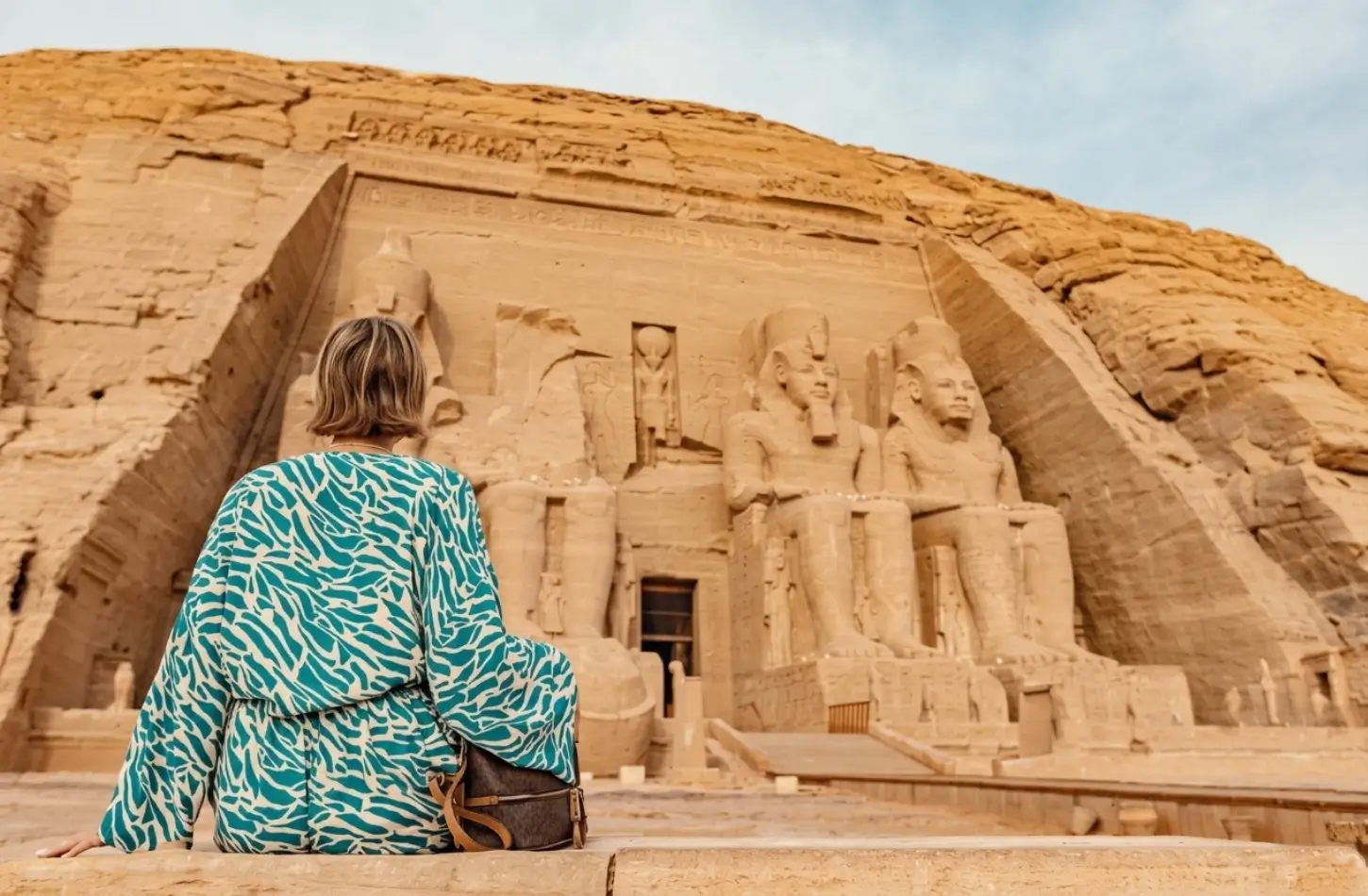 Cultural Etiquette in Egypt: The Complete Guide for Respectful Travelers 1 Female tourist wearing respectful modest dress visiting Abu Simbel, showcasing cultural etiquette in Egypt for travelers.