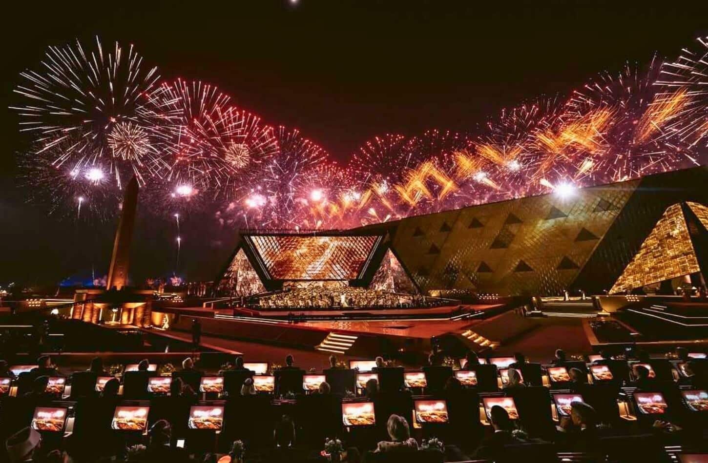 spectacular fireworks show over the grand egyptian museum during its grand opening event