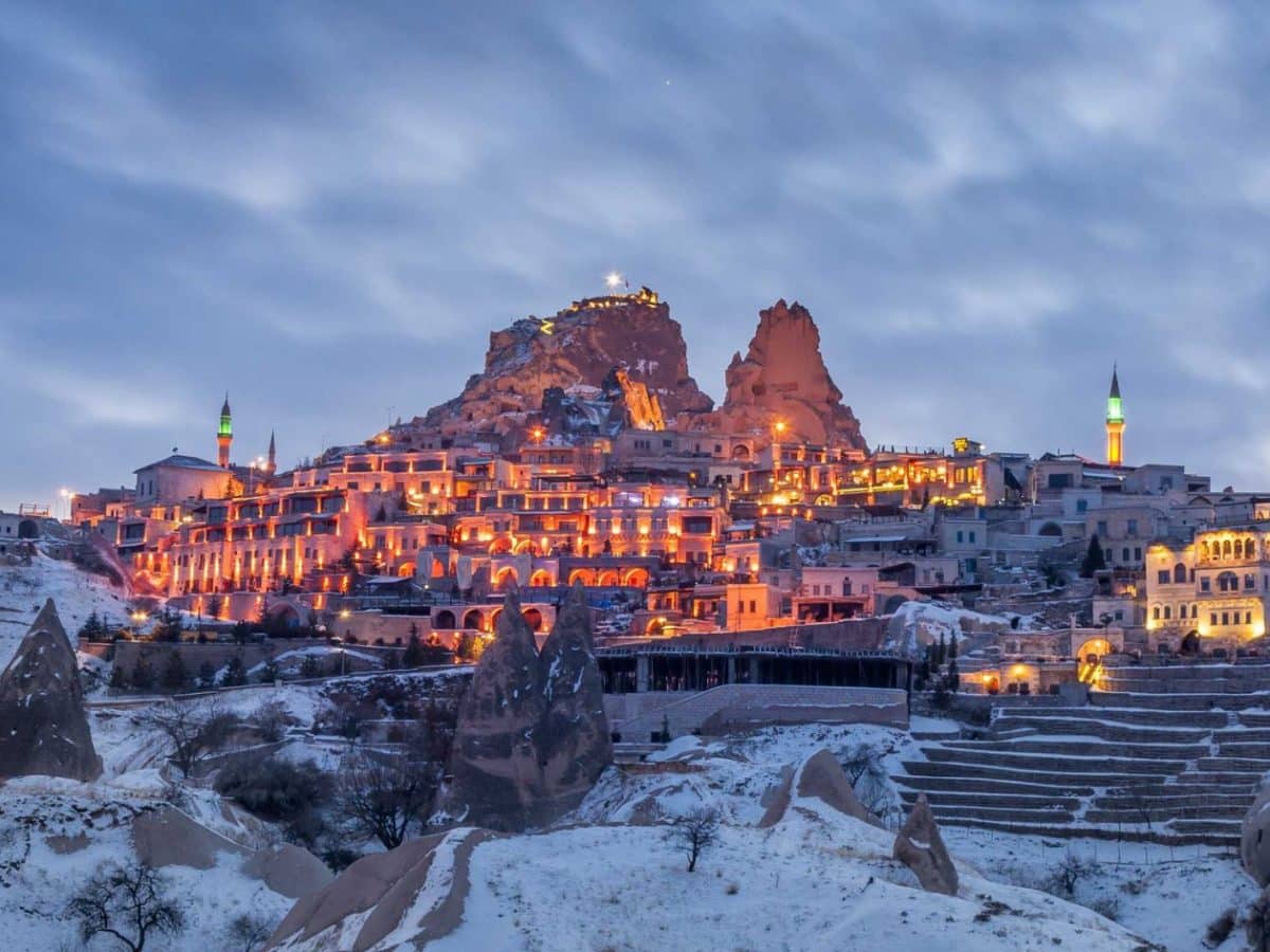 a great shot of uchisar castle at night