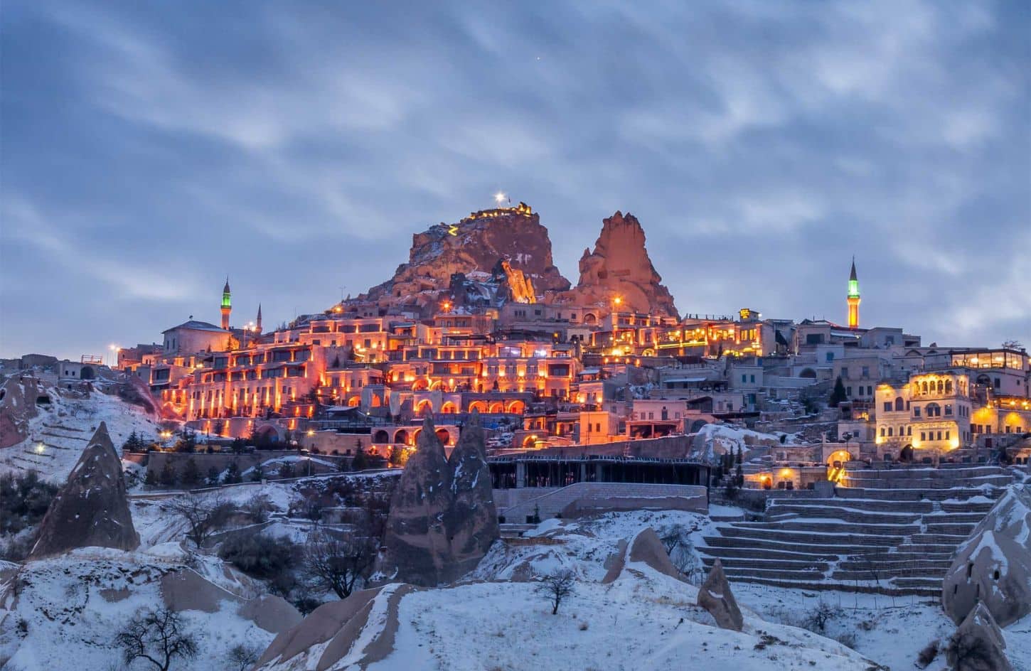 a great shot of uchisar castle at night