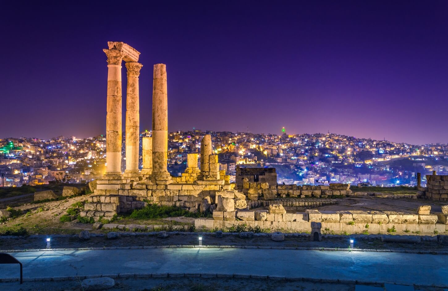 a wonderful shot of jerash at night in jordan
