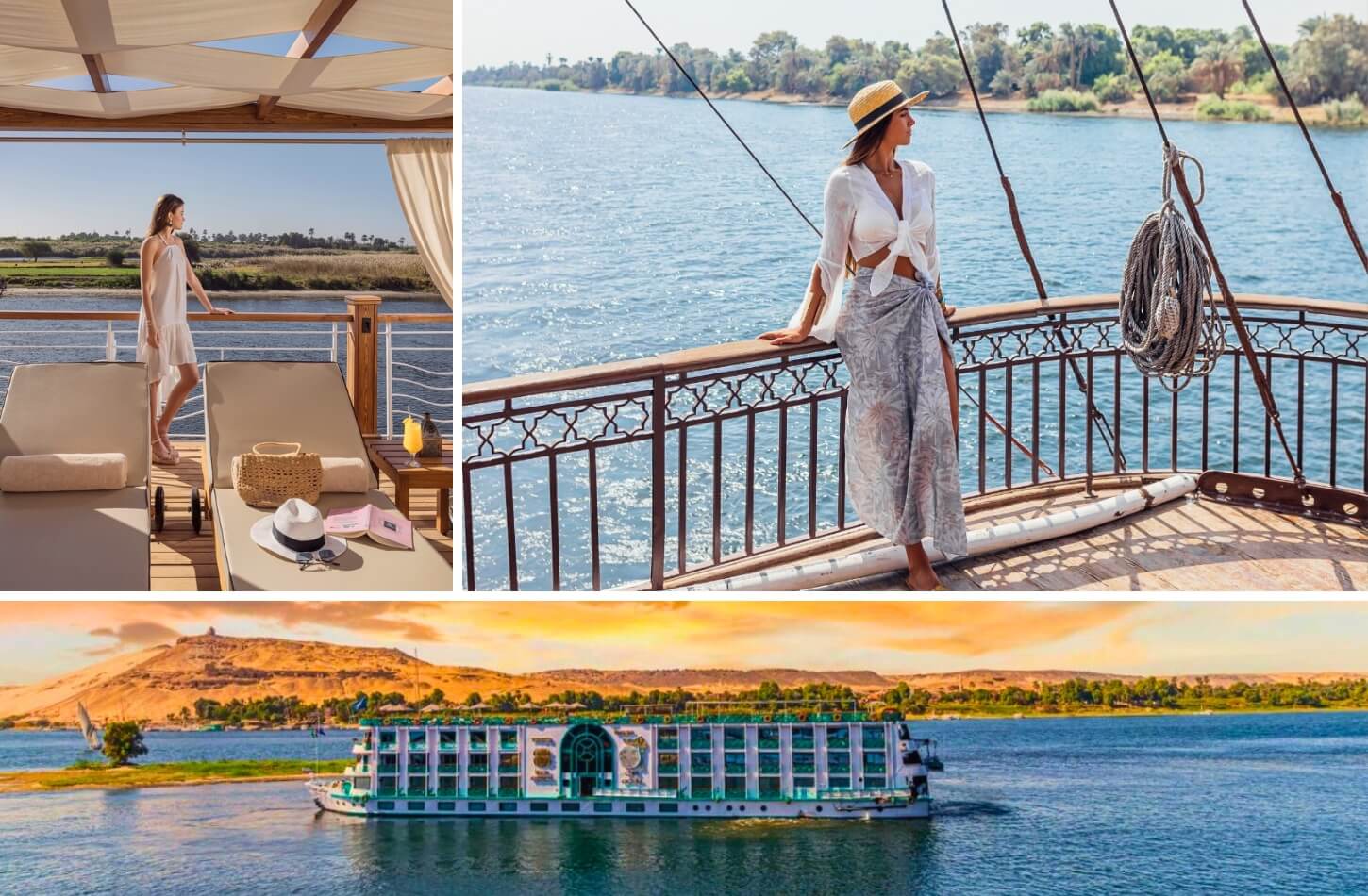 collage showing travelers enjoying views from the deck and a cruise ship sailing on the Nile with desert hills behind - Best Time for a Nile Cruise: A Month-by-Month Guide 2026