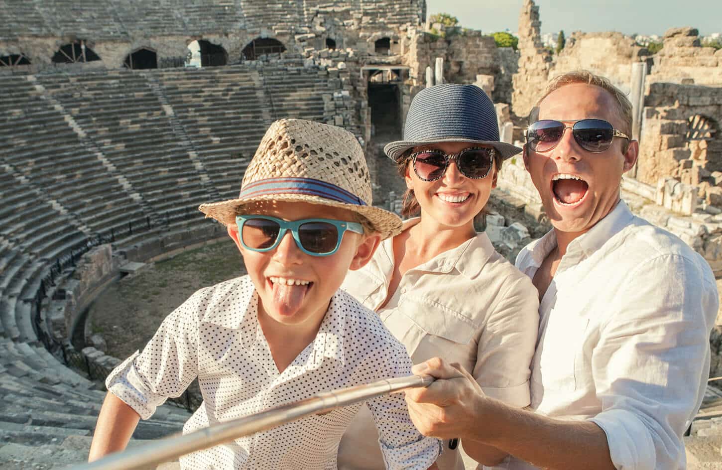 Family selfie at the Ancient Theater in Side, Türkiye historical site. - Planning a Family Vacation in Turkey