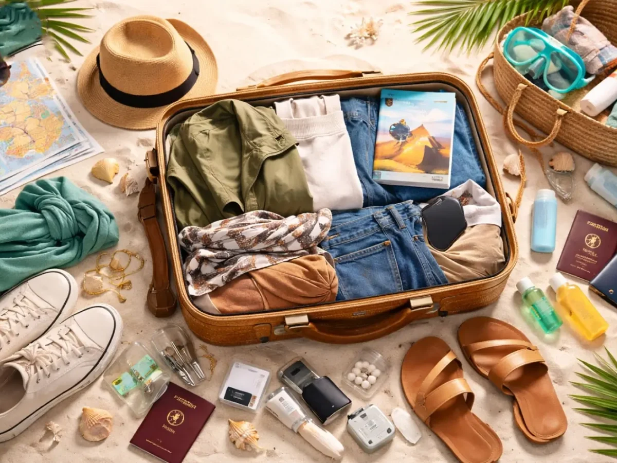 Packed vintage suitcase on sand with travel essentials, passports, and beach gear for a vacation packing list. - Summer in Egypt 