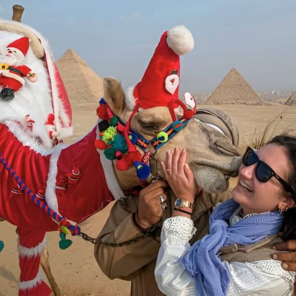 decorated camel in santa outfit sharing a joyful moment with a tourist near the pyramids